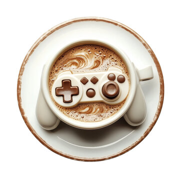 Hot chocolate cup with gaming controller shaped chocolate decoration, served saucer with spoon, creating cozy and playful