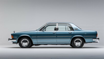 Fototapeta premium Classic sedan car side profile with chrome bumpers and straight roofline on white background 