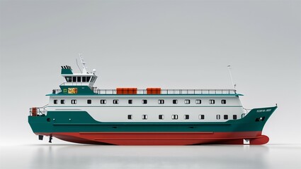 Ferryboat side profile with lower hull and upper cabins on clean white background
