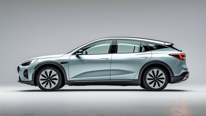 Electric sedan side profile with four doors, flush trim, and clear roofline on white background
