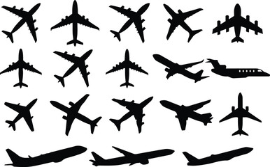 Set of airplane,Airplane icon logo set vector,Vector isolated plane icon silhouette. Pictogram vector or plane flying silhouette shape graphic simple plain clipart symbol. Black white background