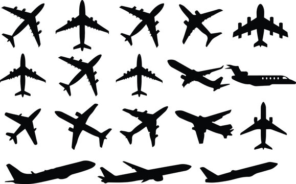 Set of airplane,Airplane icon logo set vector,Vector isolated plane icon silhouette. Pictogram vector or plane flying silhouette shape graphic simple plain clipart symbol. Black white background