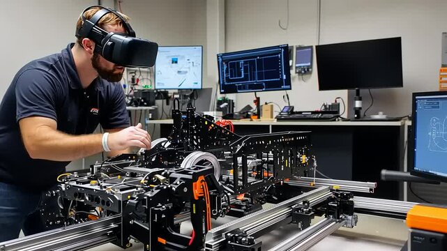 Engineer using virtual reality to interact with robotic machinery in a high-tech laboratory setting