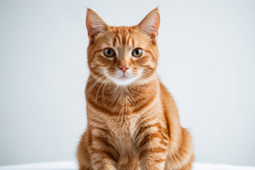 A close-up view of an orange cat sitting comfortably on a white table, with no distractions or obstacles
