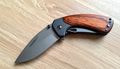 Folding knife showcases a wooden handle and sleek blade against a light wood background.