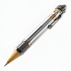 A modern mechanical pencil with a sleek metal body is rendered with bright studio lighting on white.