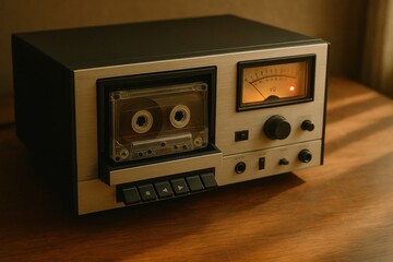 Fototapeta premium Vintage cassette tape recorder on wooden table with analog vu meter and classic controls