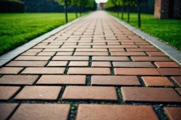 Obraz premium A path made of bricks lies in the midst of a lush green field, surrounded by nature
