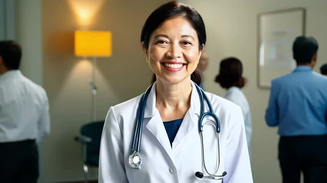 Portrait of mature family doctor female asian warming up on surface with statoscope standing in hospital corridor. Medical technology and healthcare business concept.