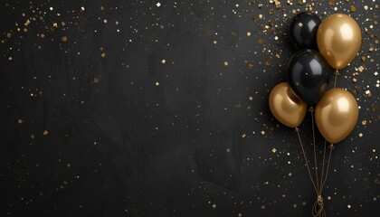 Fototapeta premium Celebrating milestones gold and black balloons with confetti event setup festive atmosphere close-up view