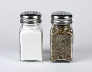 Two shakers sit side by side one with white salt and the other with dark pepper blend.