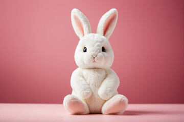 A soft and cuddly white stuffed rabbit perched on a bright pink surface, perfect for toys or decorations