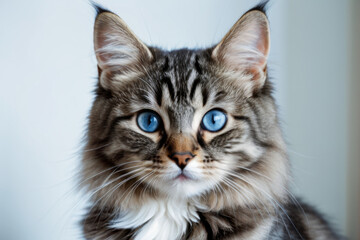 Obraz premium A close-up shot of a domestic cat with bright blue eyes looking directly at the camera