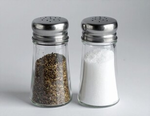 Two classic glass containers hold fine salt and mixed pepper, showcasing culinary essentials.