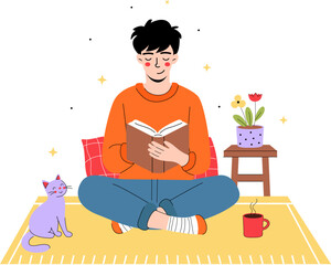 man reading book with cat vector illustration
