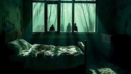 Creepy haunted bedroom with ghosts at window horror scene dark scary spooky paranormal supernatural. Shadows outside a dark bedroom window. Creepy forest figures in the mist