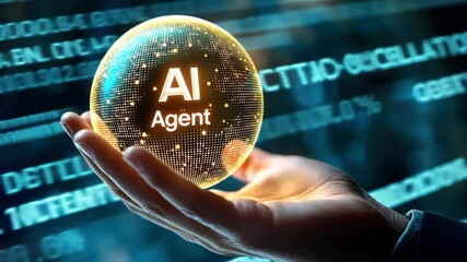 A hand holds a futuristic glowing sphere labeled "AI Agent" symbolizing artificial intelligence, innovation, and digital technology. - Powered by Adobe