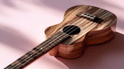 Obraz premium A wooden ukulele is sitting on a pink surface