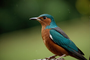 Fototapeta premium A colorful bird sits on a branch, sheltered from the rain