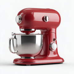 A sleek, glossy red kitchen stand mixer with a silver bowl, isolated on a clean white background.