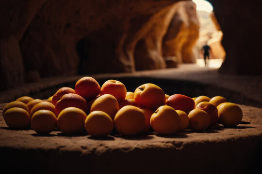 A still life image of a pile of peaches sitting on a table