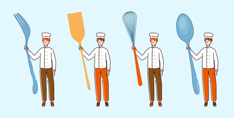 Cartoon Color Tiny Characters Boy Holding Kitchen Appliances Concept Flat Design Style. Vector illustration
