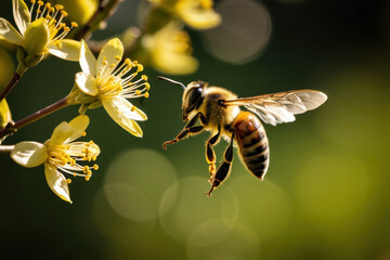 A busy bee flies towards a bright yellow flower in search of nectar and pollen