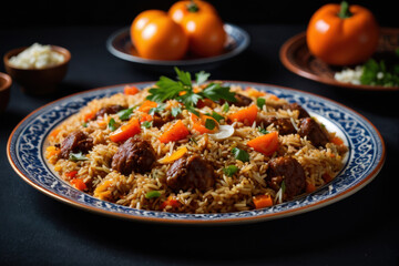 Fototapeta premium A simple plate of cooked rice with various meats and mixed vegetables