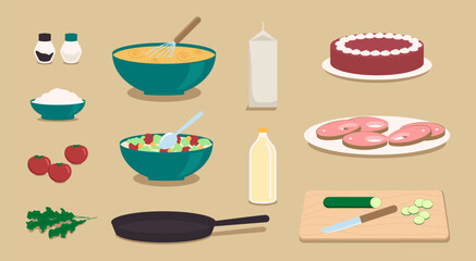 Cartoon Color Different Types Cooking Elements Set Preparation Food and Dessert Concept Flat Design Style. Vector illustration