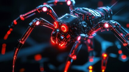 Hyper robotic spider with cybernetic legs glowing red eyes, and neon body circuits, background wallpaper AI generated image
