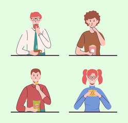 Cartoon Color Characters People Eating Different Snacks Concept Flat Design Style. . Vector illustration of Popcorn, Donut and Sandwich