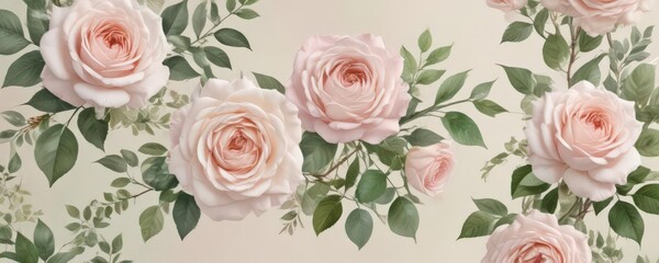Delicate watercolor roses & leaves, soft blush pink & green hues,  rose,  delicate,  bloom