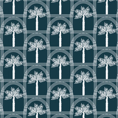 Mobile Summer  seamless pattern tropical  palm tree with in arch modern vector summer  geometric print for wallpaper, textile design , repeat background .