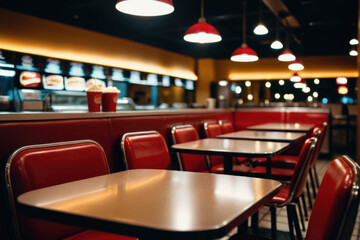 Row of red chairs at a table in a restaurant setting