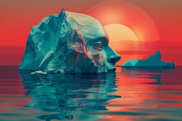 Fototapeta premium Surreal iceberg with human face at sunset on calm ocean