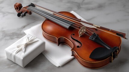 Fototapeta premium A brown violin is sitting on a marble countertop next to a white box