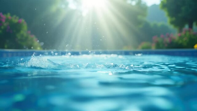 Sunlight water. Pool outdoor. Splash ripple. Blue clear. Nature summer. Background asset. Relaxation leisure. Vacation travel. Wellness spa. Fresh bright. Morning scene. Refreshing liquid. Calm seren