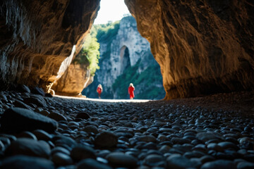 A pair of individuals navigating through a dark and mysterious cave