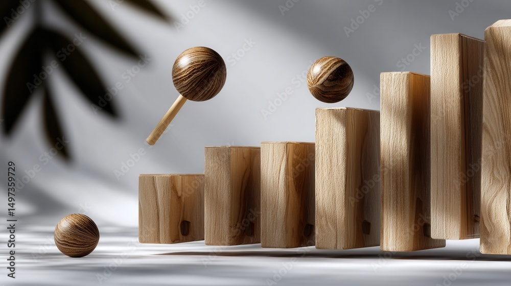 Poster wooden blocks and balls, with the balls appearing to be floating in the air