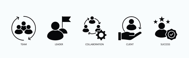 Team Dynamics Icon Set Isolated Vector With Icon Of Team, Leader, Collaboration, Client, Success In Glyph Style