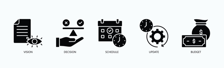 Strategic Management Icon Set Isolated Vector With Icon Of Vision, Decision, Schedule, Update, Budget In Glyph Style