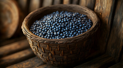 A rustic wooden basket overflowing with dark blue berries, sitting on a weathered wooden surface.  The image evokes a sense of natural abundance and rustic charm.
