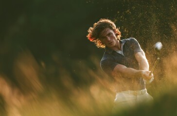 A young man in white pants and navy blue polo shirt is playing golf