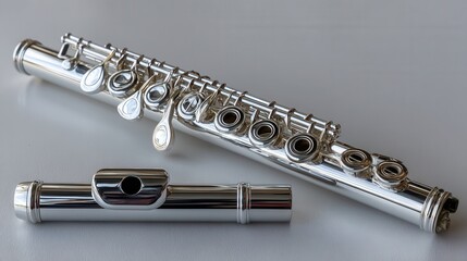 Obraz premium A silver flute is shown with its mouthpiece removed
