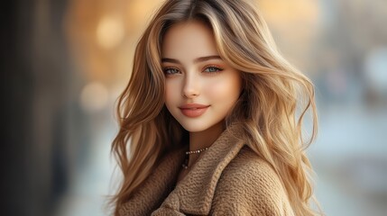 Obraz premium Beautiful young woman with long wavy hair smiles softly while wearing a cozy coat in a sunlit outdoor setting during autumn