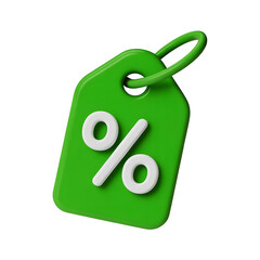 3d green price tag with percent sign isolated on transparent background. Png
