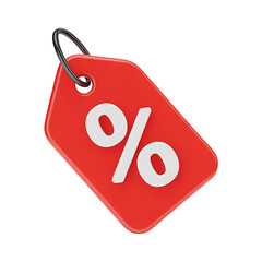 3d red price tag with percent sign isolated on transparent background. Png