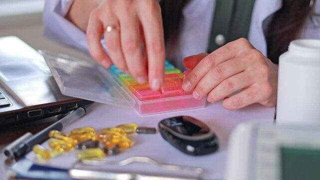 Close-up Doctor arranging capsules and pills in a medication scheduler. Medication schedule. Alternative medicine, Dietary supplements, Vitamins and minerals