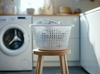 Laundry day ambiance: Basket brimming with clothes beside a washing machine
