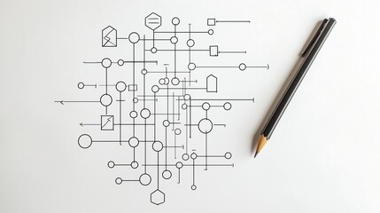 Minimalist technical diagram of network system with pencil on white background